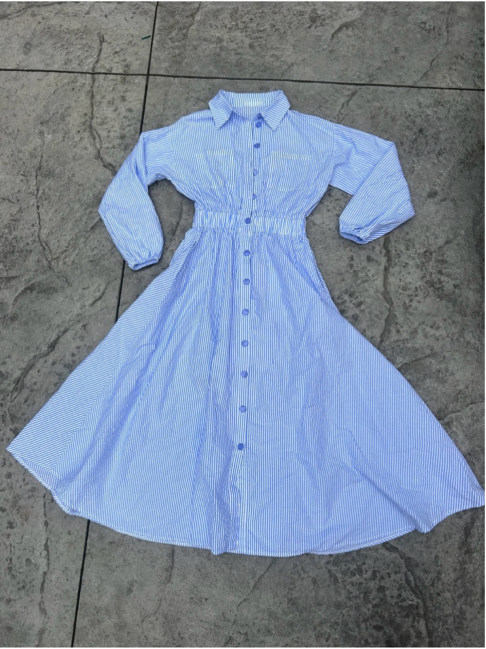 Blue White Striped Button Front Maxi Shirt Dress Elastic Waist - Picture 4 of 9
